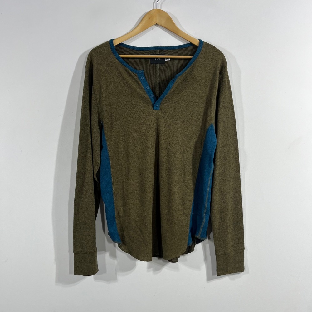 BDG Granola Grunge Earthy Olive Green Thermal Henley Top Medium Waffle Boho Y2K